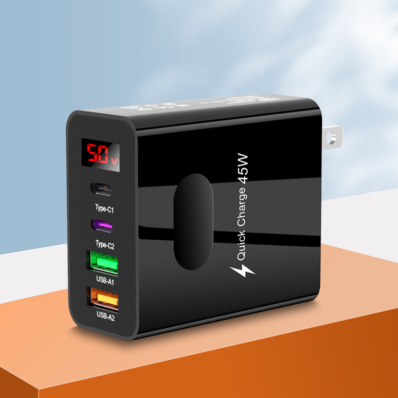 Standard 45 W-os 2 USB + 2 db C típusú, digitális kijelzős mobiltelefon-töltő, többportos töltőfejjel, európai, amerikai, brit és koreai csatlakozóval_voghion.com