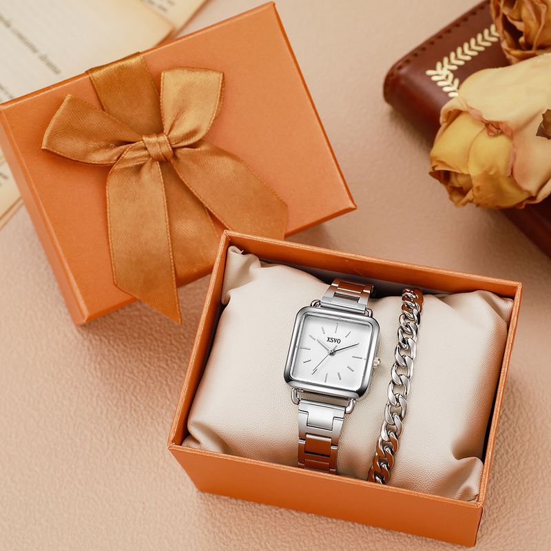 New Women's Fashion Silver Small Square Simple Steel Band Quartz Watch + Chain Set_voghion.com
