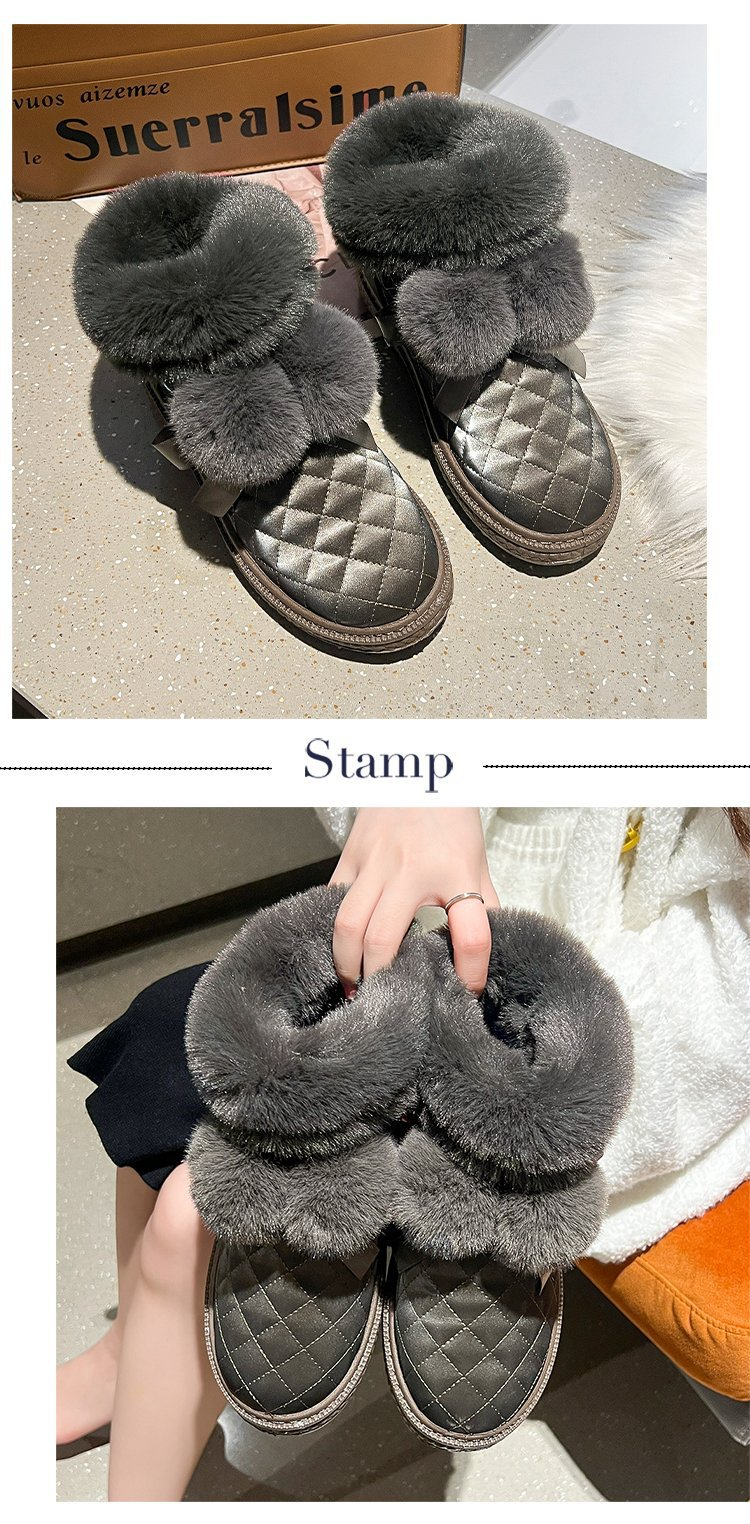 Kurzrohr-Schneestiefel für Damen, Winter plus Samt, 2023 neuer Fellknäuel, verdickte und warme, einbeinige Beanie-Baumwollschuhe_voghion.com