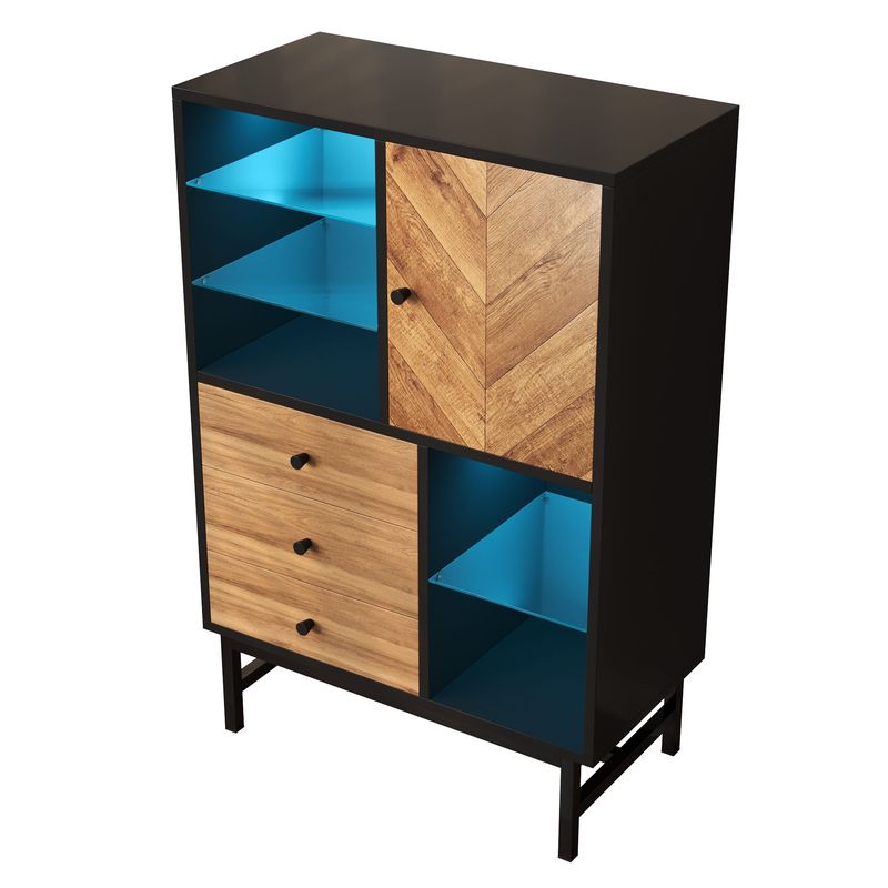 Vetrina con 12 colori di luce LED, Schubladen, Glasböden, Dreieck Holzmaserung_voghion.com