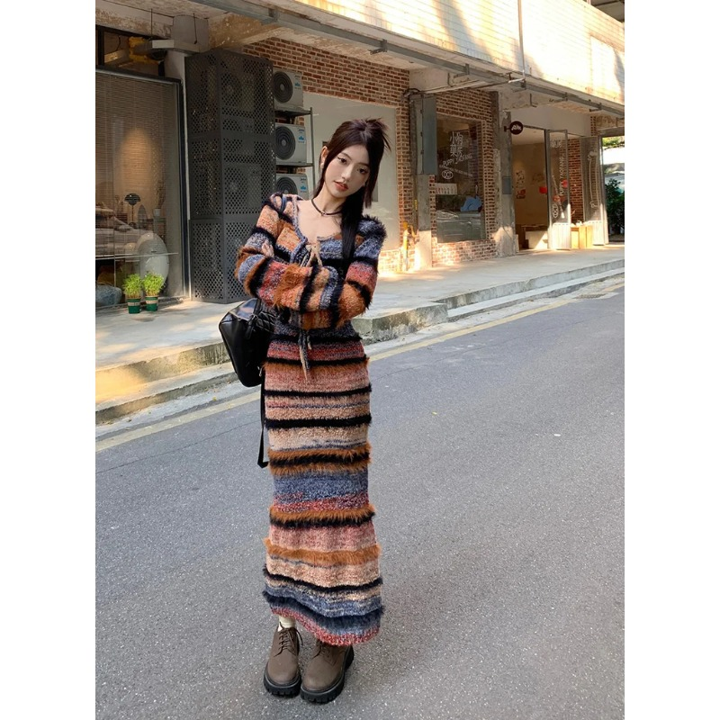 Stile coreano primavera autunno nuovo streetwear sexy cardigan a maniche lunghe da donna a righe in maglia abito a due pezzi_voghion.com