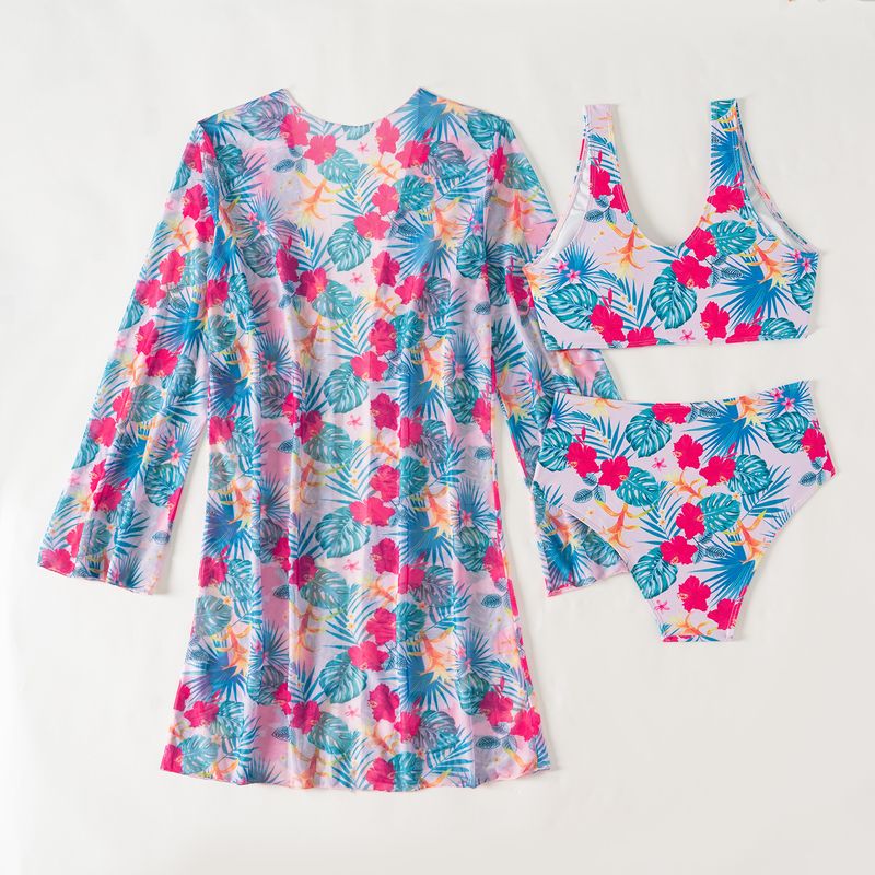 Clothing Fashion Multi Color Printed Bikini Mesh Three Piece Women's Swimsuit_voghion.com
