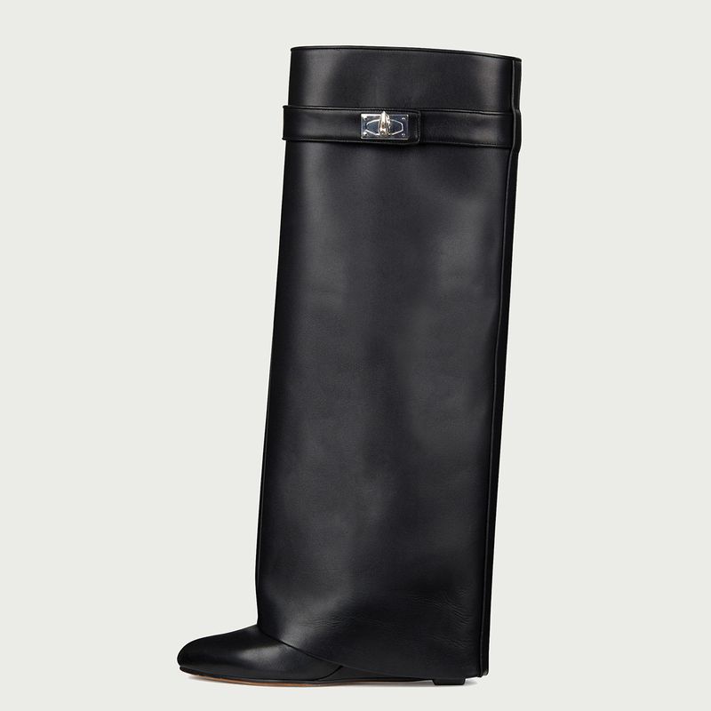2024 New Round Toe Wide Shaft Straight Shark Buckle Mid-Calf Wedge Heel Boots For Women_voghion.com