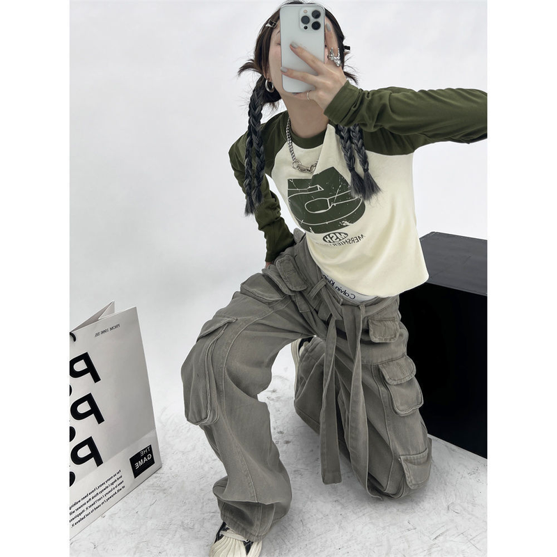 HOUZHOU Vintage Y2K Patchwork Groene T-shirts Vrouwen Hippie Streetwear T-shirts met lange mouwen Vrouwelijke Kpop Retro Herfst Crop_voghion.com