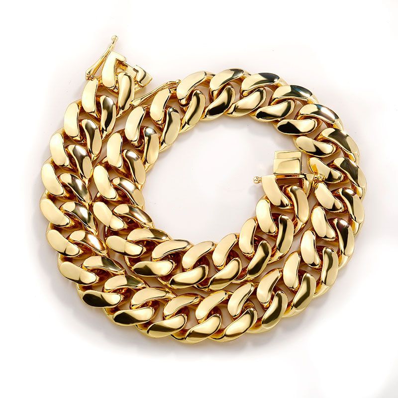 Collana con catena cubana galvanizzata in oro vero da 14/18/22 mm – Bracciale con fibbia a farfalla Hip Hop_voghion.com