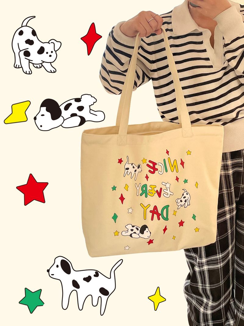 2024 New Student School Cute Illustration Large Capacity Shoulder Zipper Canvas Tote Bag Women_voghion.com