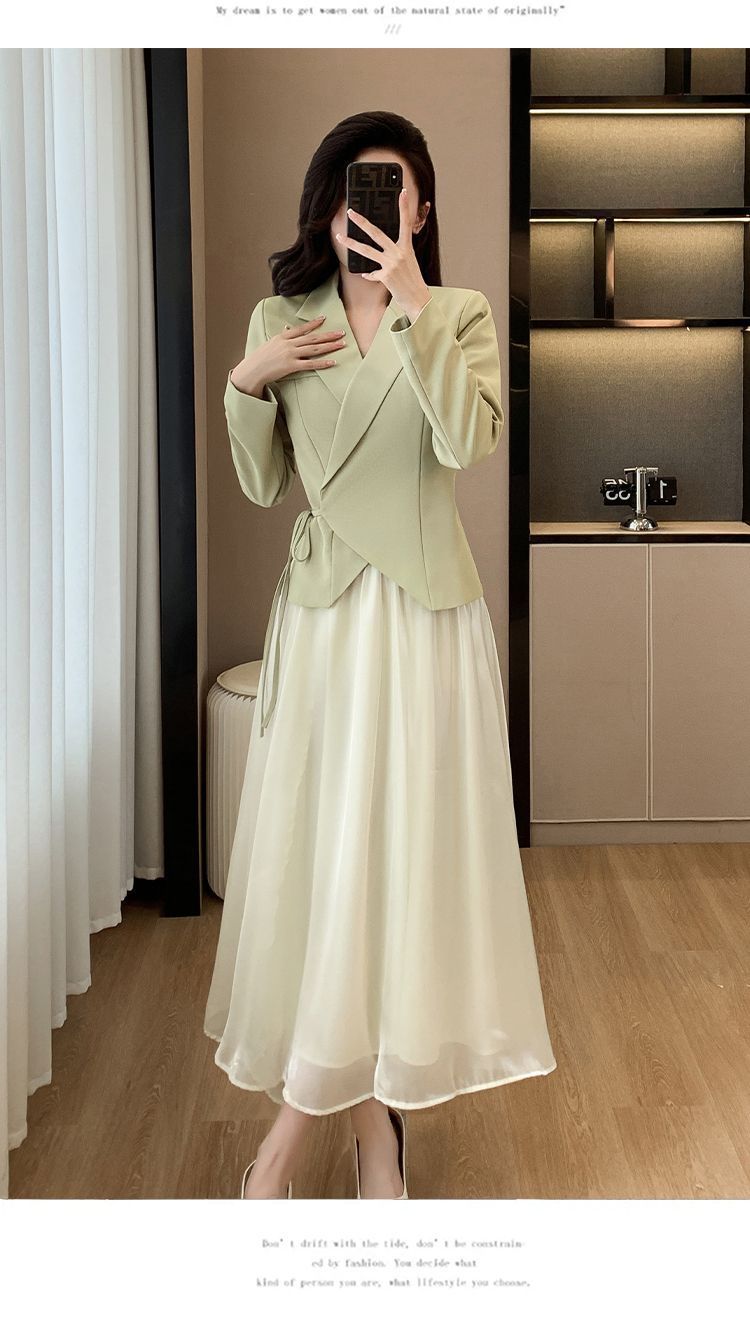 Bu Yılın İlkbahar Modası Yarım Etek + İki Parçalı Takım Zarif Tanrıça Tarzı Lüks Yeşil Blazer Takım_voghion.com
