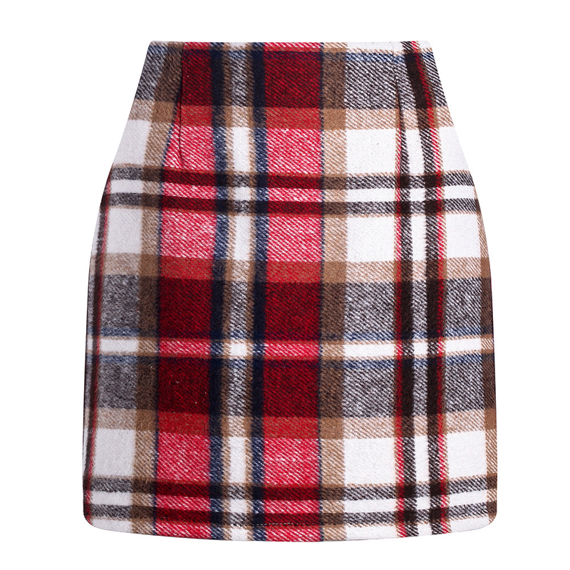 Damesmode geruite rok met hoge taille, strakke potloodwollen minirok_voghion.com