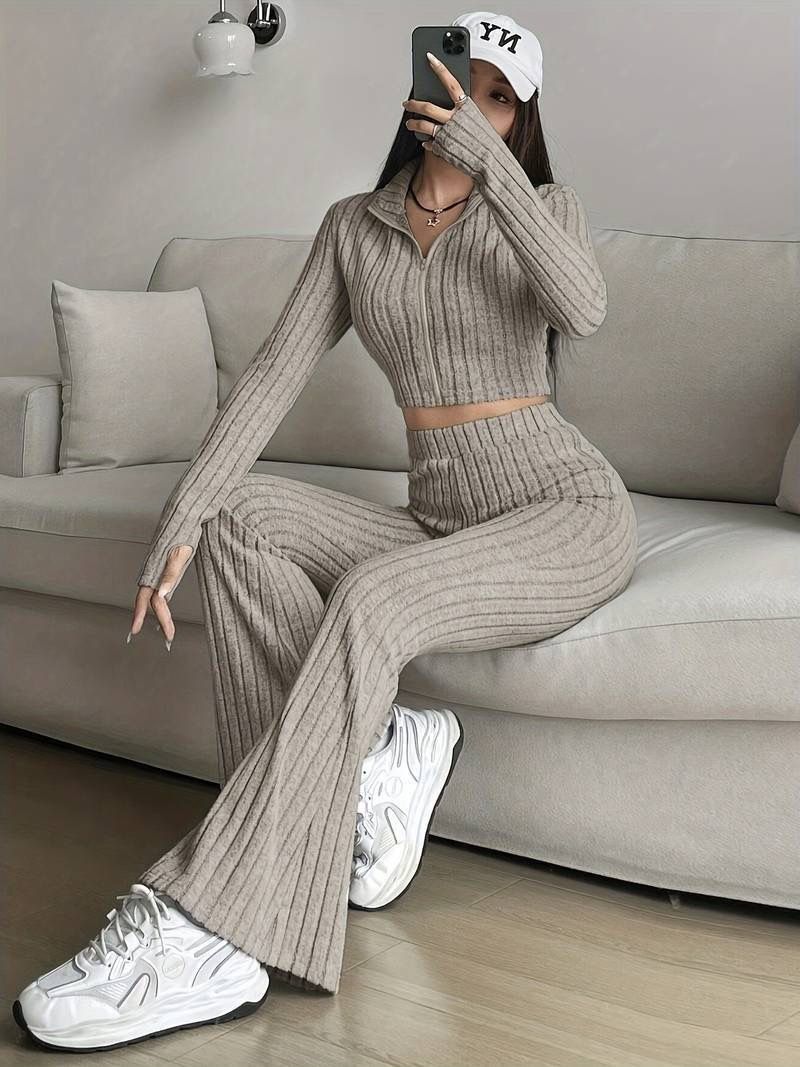 Fashion Solid Color Ribbed Two Piece Set Zipper Long Sleeve Crop Top And High Waist Flared Pants Set Women's Casual_voghion.com