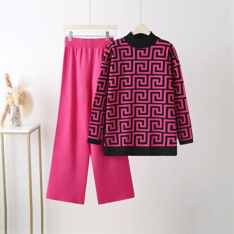 Damenbekleidung: Langärmliger Stehkragen, lockerer Jacquard-Strickpullover, zweiteiliges Set, hoch taillierte, schlankmachende, gerade Hose mit weitem Bein_voghion.com