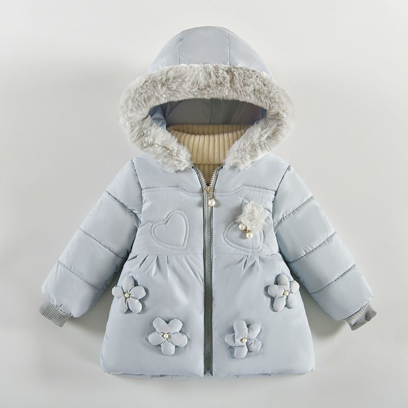 neonate nuovi graziosi fiori tridimensionali vestiti di cotone ragazze giacca con cappuccio con collo di pelliccia ispessita_voghion.com