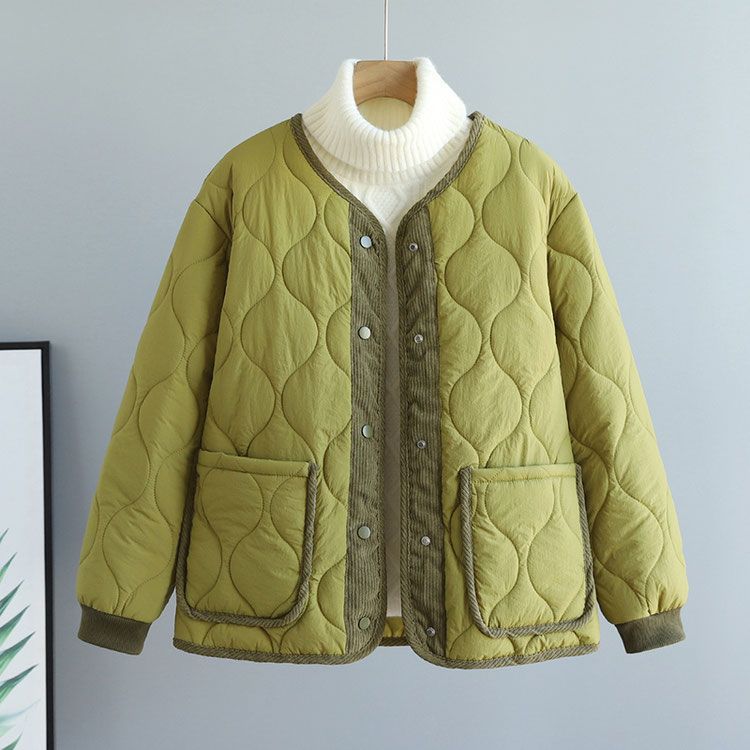 Corduroy Patchwork Quilted Jacket Winter Women Clothing Parkas Warm Cotton-padded Jacket Lightweight Coat Single-breasted Tops_voghion.com