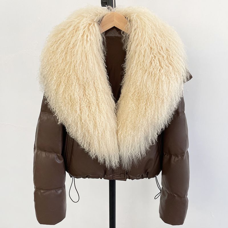 Trendige kurze Pufferjacke für Damen mit Kaninchenfellkragen, 85% weiße Entendaunen, übergroßer Wintermantel (S/M)_voghion.com