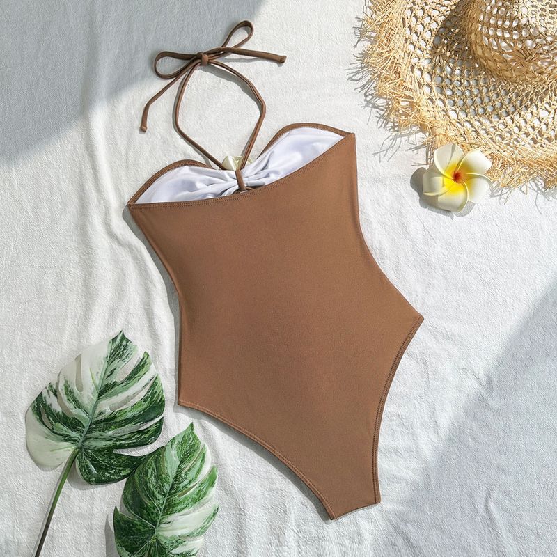 Maillot de bain une pièce à bretelles et cordon de serrage pour femme, couleur unie, style bikini_voghion.com