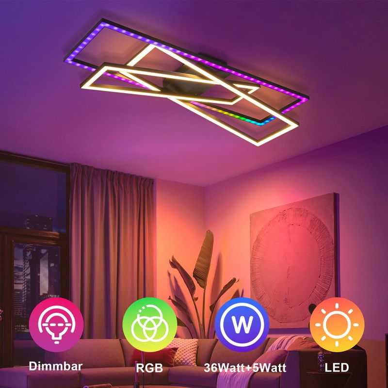 Glitzerlife Deckenlampe LED Deckenleuchte Schwarz - 36W Schlafzimmerlampe RGB Farbwechsel Moderne Wohnzimmerlampe Dimmbar Mit Fernbedienung Rechteckig Für Küche_voghion.com