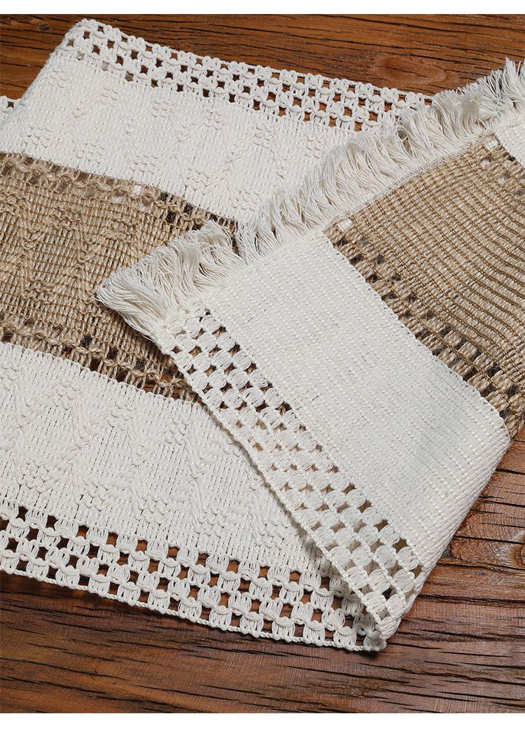 Two Color Woven Tassel American Cotton And Linen Table Runner Stitching Natural Material Table Mat Holiday Decoration Cover_voghion.com