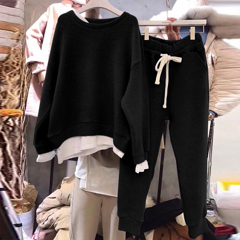 Women's Clothing Chic Two-Piece Layered Sweatshirt Set For Women - Autumn/Winter Loose Knitwear With Faux Patchwork (Grey/Black, Sizes S-XXL)_voghion.com