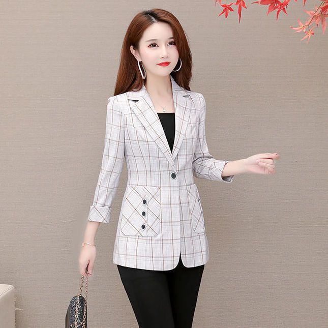 Blazer piccolo a quadri da donna, nuovo stile 2025, elegante vestibilità slim, trench corto e sottile che stringe la vita primaverile e autunnale_voghion.com