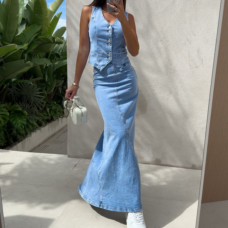 Women's Clothing Casual Button Sleeveless Vest Skirt Denim Two Piece Suit_voghion.com