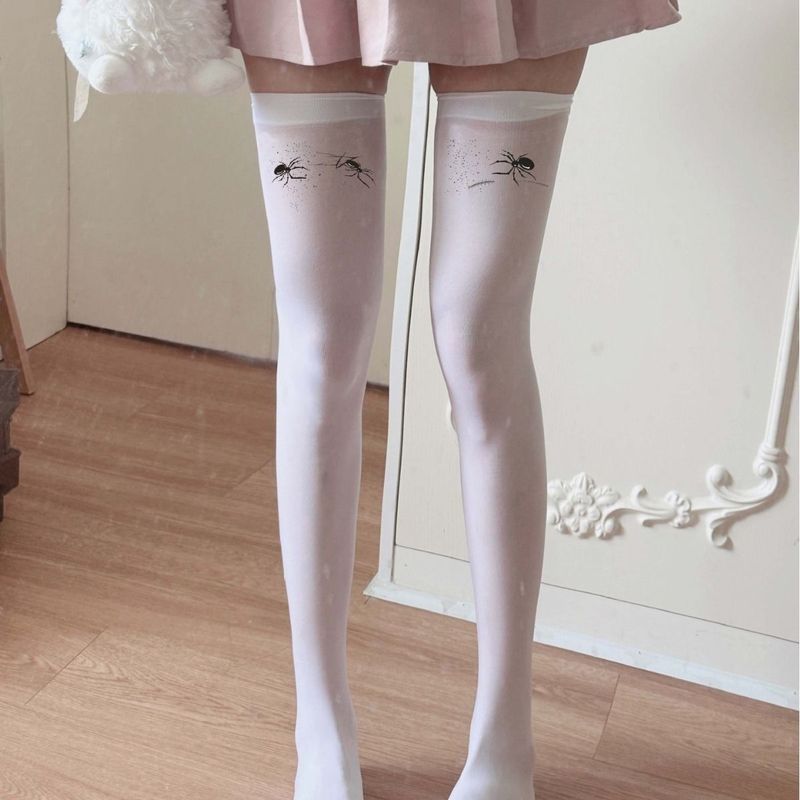 Overknee-Strümpfe aus Samt für Damen, dünne weiße lange Strümpfe, bedruckte schwarze Halloween-Oberschenkelsocken mit Spinnenmuster_voghion.com