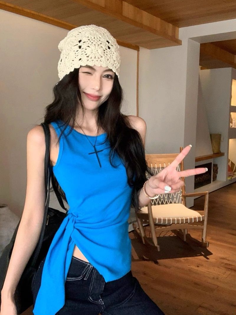 Top estivo asimmetrico da donna con spalline sottili – Canotta senza maniche alla moda con corsetto e cintura in vita_voghion.com