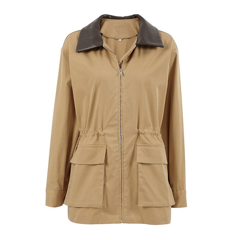 Veste coupe-vent ample en cuir patchwork kaki automne et hiver pour femme_voghion.com