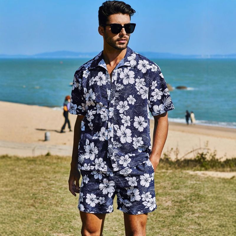 Blumen Kurzarmanzug Hawaiianischer Strand lockerer Urlaubsanzug Hemd Shorts zweiteiliges Set für Herren_voghion.com