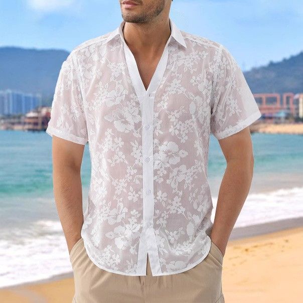 Unschlagbare Qualität Herren Hawaiian Jacquard Transparent Hohl Kurzarm Dünnes Urlaub Strandhemd_voghion.com