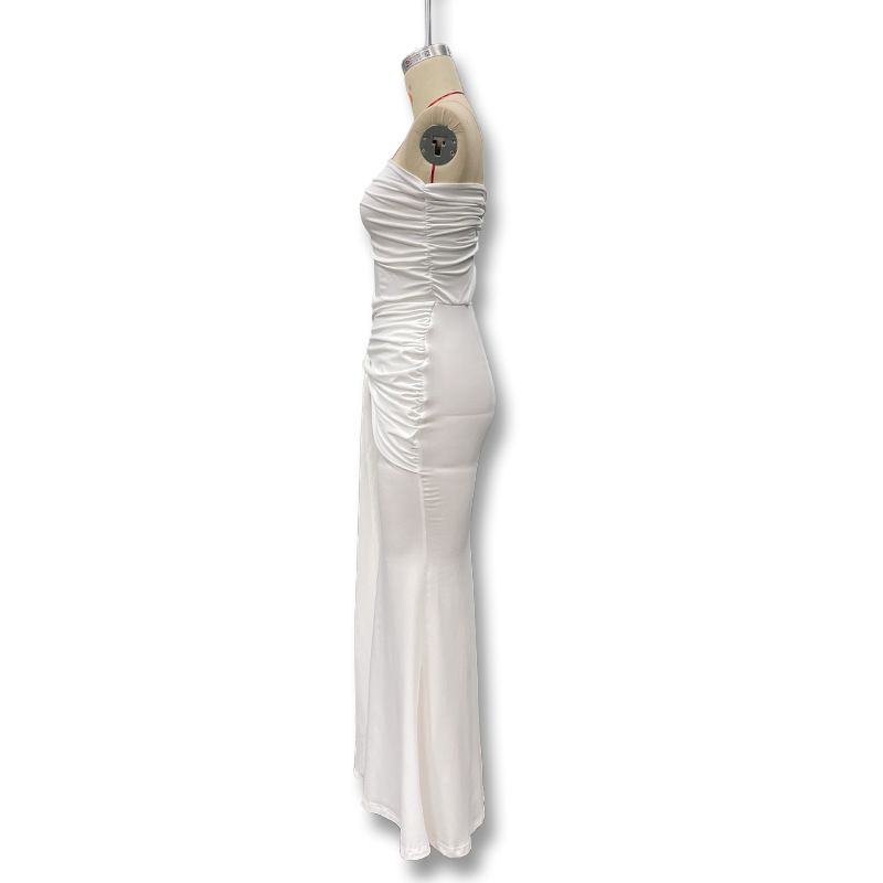 Abito lungo arricciato con lacci, tinta unita, alla moda, con schiena scoperta, monospalla, estivo 2025_voghion.com