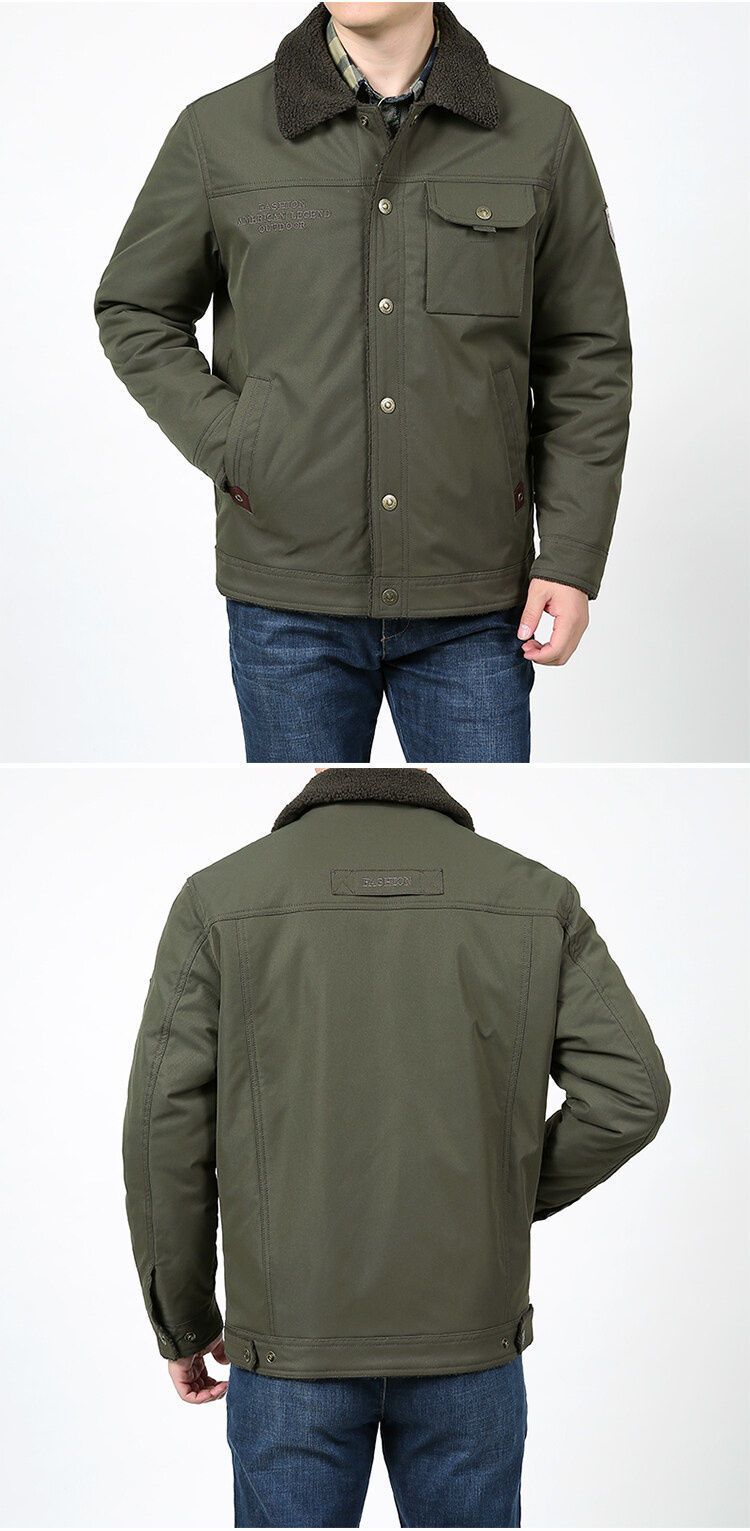 Men's Fleece-Lined Winter Jacket With Sherpa Collar - Windproof Cotton Blend Coat For Outdoor & Casual Wear (Khaki, Army Green, Navy Blue)_voghion.com