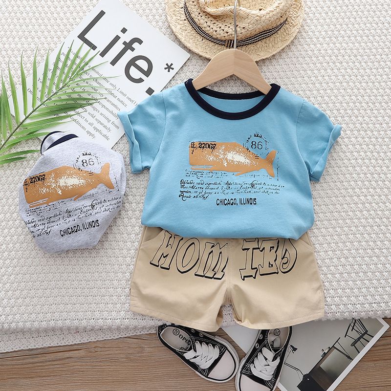 Meninos Verão 2024 Novo Bebê Moda Casual Gola Redonda Carta Golfinho Manga Curta Conjunto de Duas Peças_voghion.com
