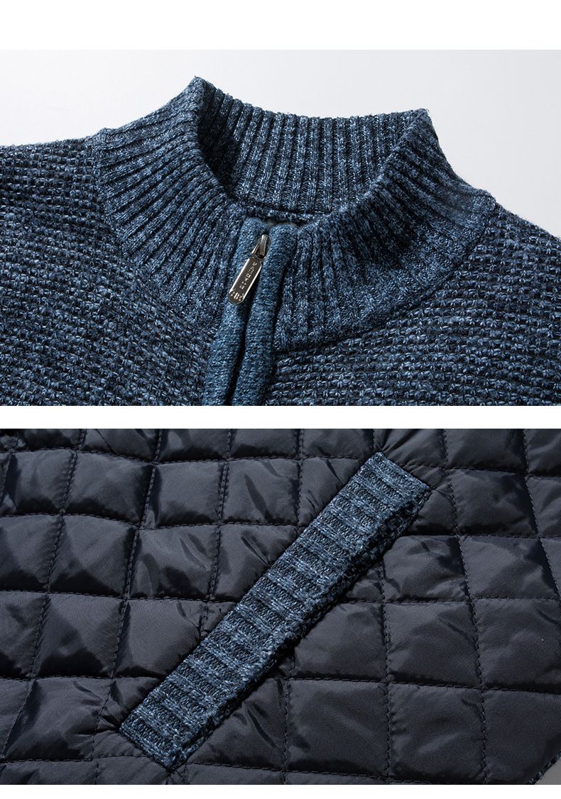 Men's stand collar striped check zipper plus cashmere fashion color matching warm knit coat sweater_voghion.com