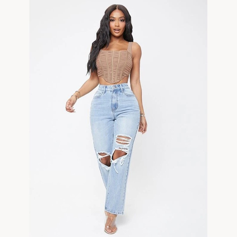 Damkläder heta jeans för kvinnor slitna tvättade högmidjade lösa byxor med vida ben_voghion.com