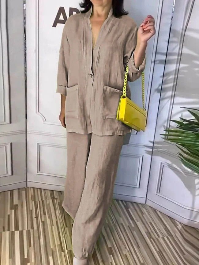 Abbigliamento da donna, completo due pezzi da donna, in cotone e lino, casual, di grandi dimensioni, con scollo a V e pantaloni._voghion.com