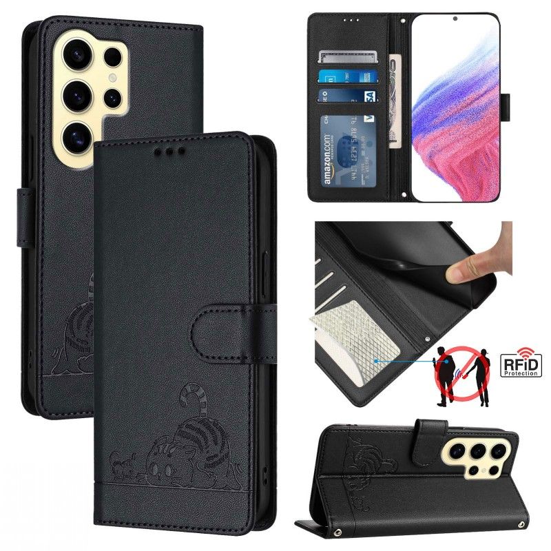 Ovitek za Samsung Galaxy S24 Ultra S23 Plus S22 S21 S20 FE A55 z ljubko mačko in preklopno denarnico ter ogrlico_voghion.com
