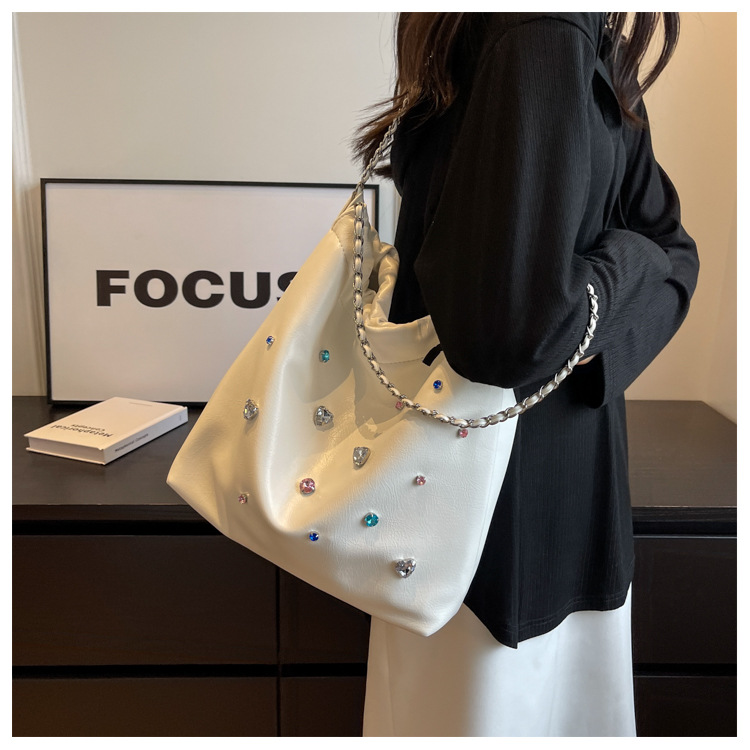 Bolso de basura con cadena para mujer, bolso de hombro sencillo que combina con todo, lleno de diamantes, bolso de mano de alta gama, 2023_voghion.com