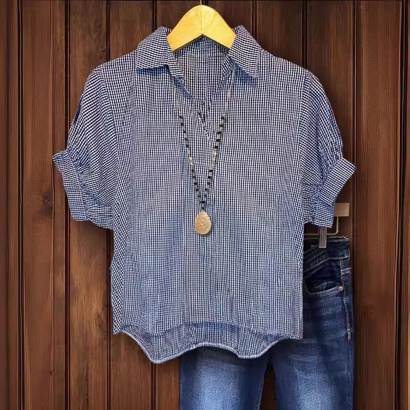Camicia a maniche corte a tubino aperto a quadri da donna_voghion.com