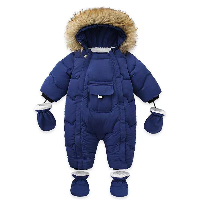 European-Style Baby Jumpsuit With Large Pockets – Fleece-Lined Winter Romper For Newborns & Infants (0-24M), Soft Polyester Hooded Onesie_voghion.com
