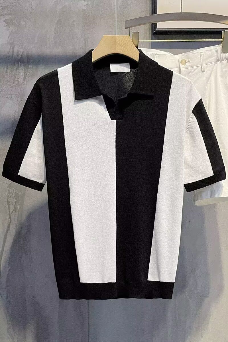 Polo da uomo in seta ghiacciata con risvolto, a maniche corte, a righe, in tinta unita, traspirante, fresco, sottile, a mezza manica_voghion.com