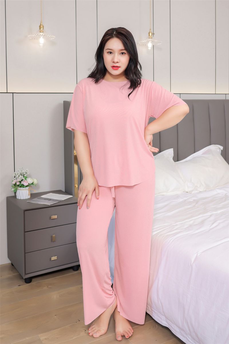 Ensemble d'été grande taille à manches courtes et pantalon long pour femme pesant 90 kg, vêtements amples pour la maison avec poids supplémentaire_voghion.com