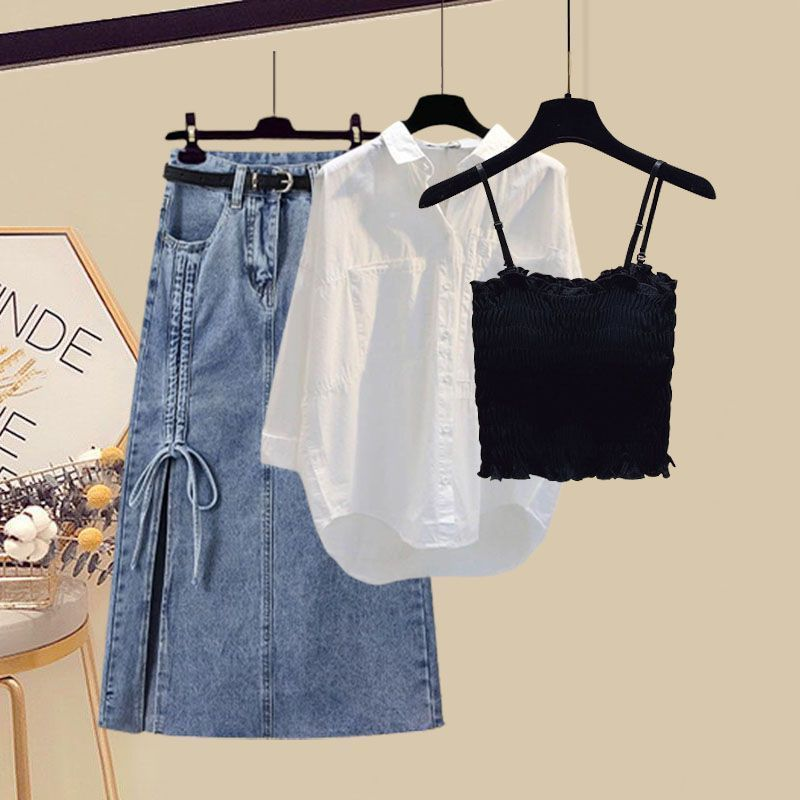 Set trendy in due pezzi con gonna in denim slim con coulisse e cappuccio da donna_voghion.com