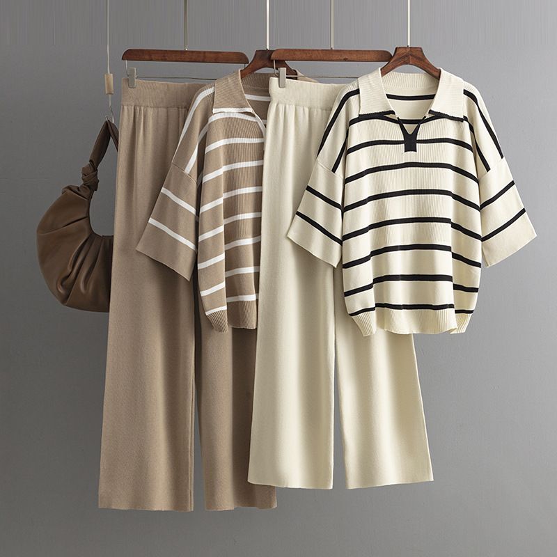 Women's Clothing contrast striped fashion suit new casual loose knitted wide leg pants two piece suit_voghion.com