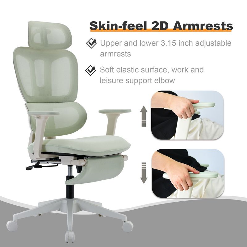 Multi-functional Ergonomic Mesh Office Chair With Adjustable Armrest,Footrest,Lumbar Support, 360° Silent Wheels,Headrest For Home & Office,Grey White_voghion.com