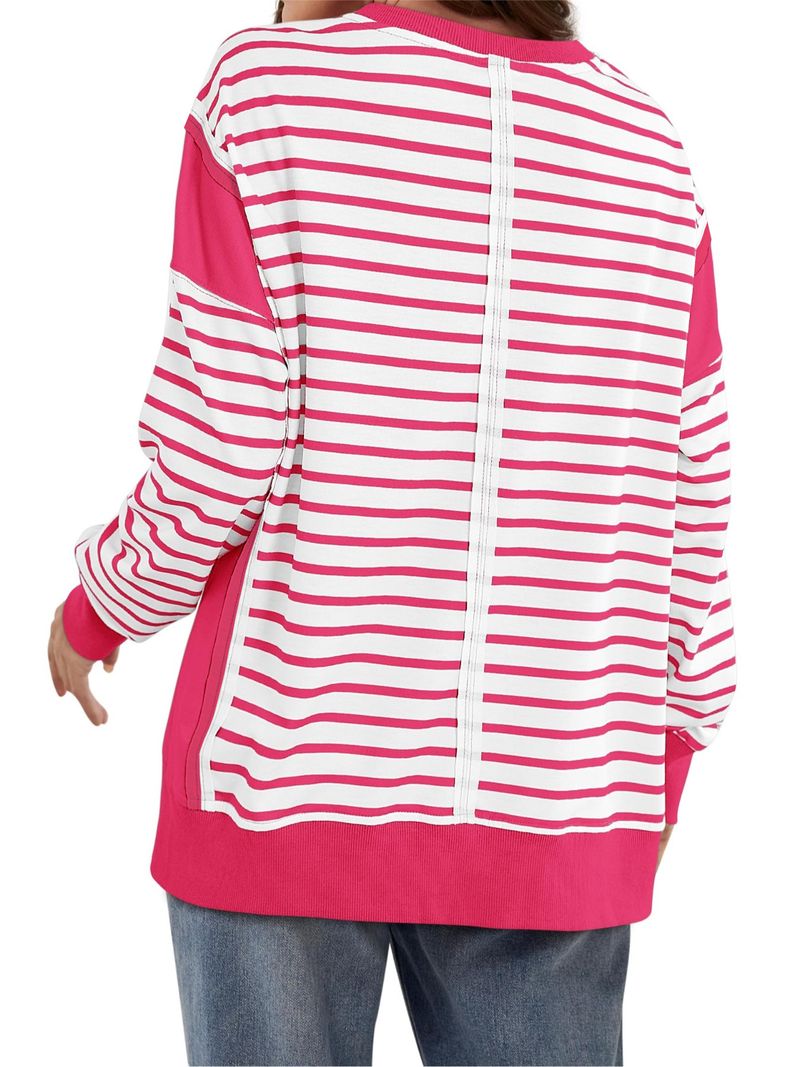 T-shirt a maniche lunghe da donna con righe a contrasto di colore - Felpa girocollo con motivo stampato_voghion.com