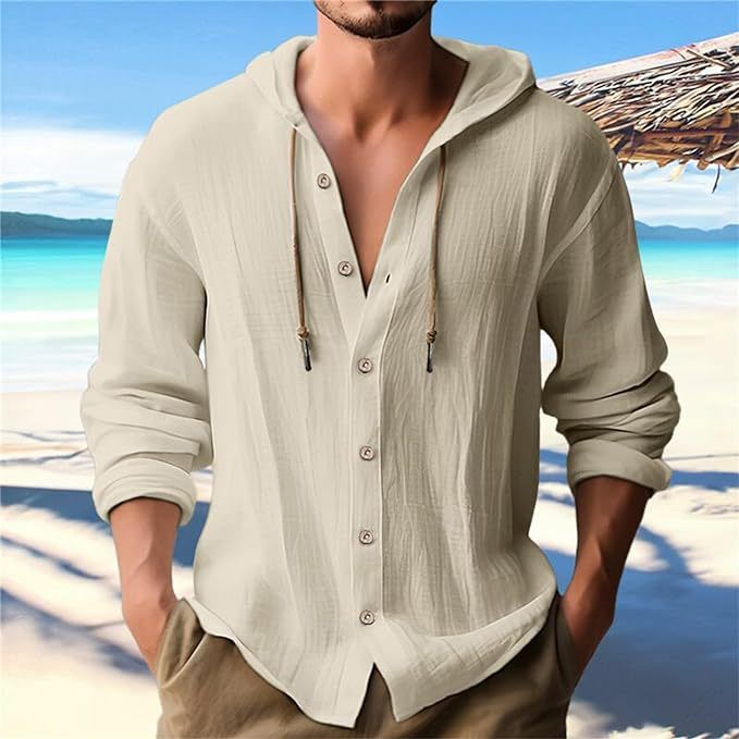 Herren Strand Freizeithemden Baumwolle Leinen Kapuze Langarmhemd Mann Mode Lose Feste Knopf Strickjacke Streetwear Tops Kleidung_voghion.com