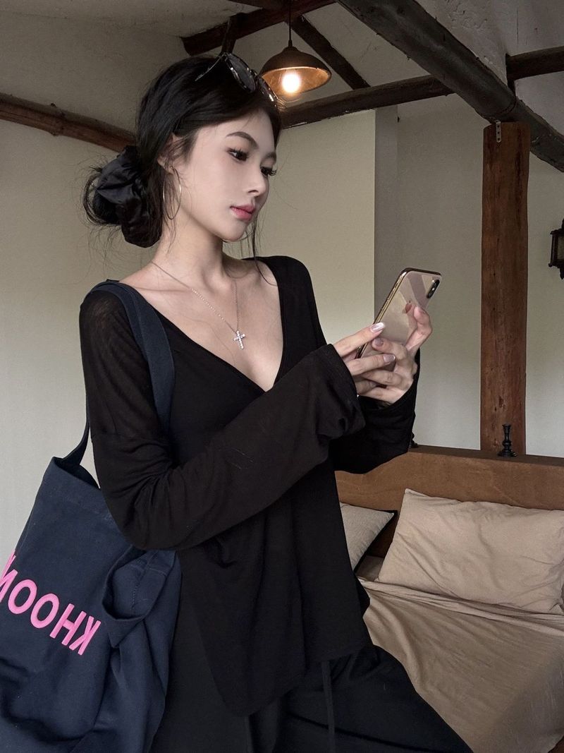 Ragazza Estate Aria Condizionata Sottile Copricostume Jazz Danza Stile Pigro Protezione Solare Top Scollo a V Profondo da Donna Leggermente Trasparente Largo_voghion.com