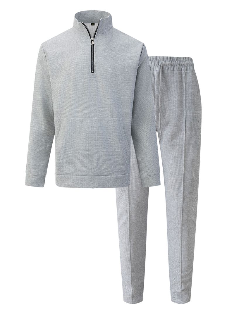 Conjunto de sudadera y pantalón de punto gofre para hombre, cuello alto, media cremallera y bolsillo - Conjunto informal y cómodo para otoño (caqui, gris, negro, blanco, azul) S-XXXL_voghion.com