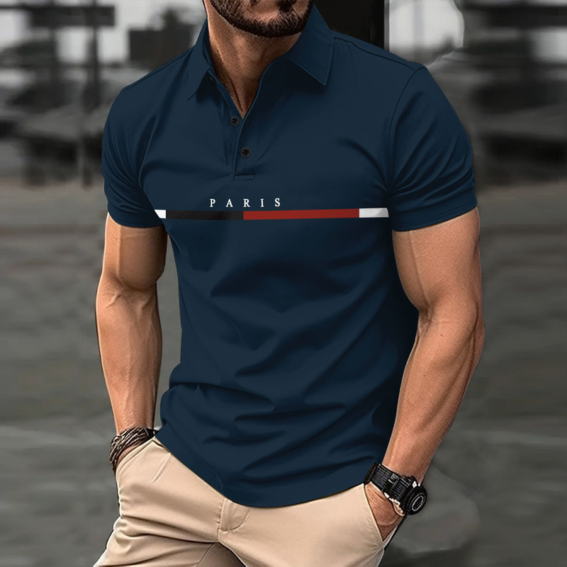 Polo sportiva da uomo con bottoni a righe color block francese, estate 2024_voghion.com
