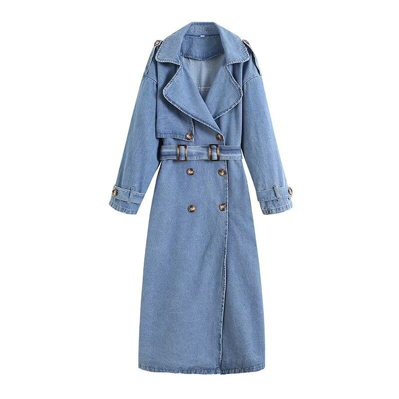 Trench oversize in denim da donna – Giacca lunga streetwear con bottoni doppiopetto e cintura staccabile, vintage_voghion.com