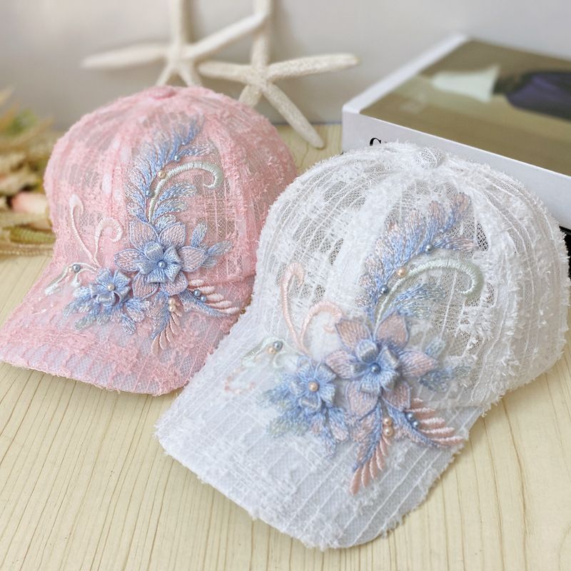 Cappello da baseball estivo in pizzo sottile da donna con fiori ricamati, traspirante, alla moda coreana, con protezione solare_voghion.com